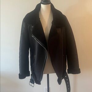 Zara Black Moto Shearling Faux Leather Coat
